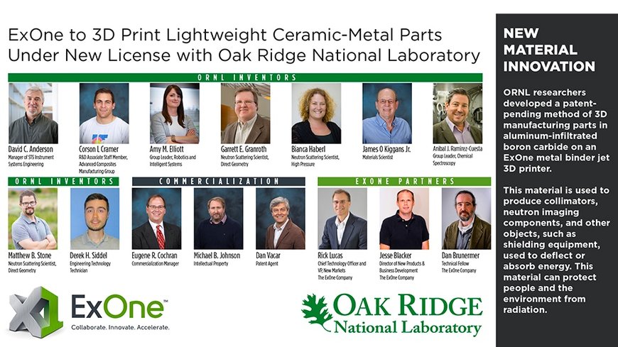 ExOne to 3D Print Lightweight Ceramic-Metal Parts Under New License With Oak Ridge National Laboratory